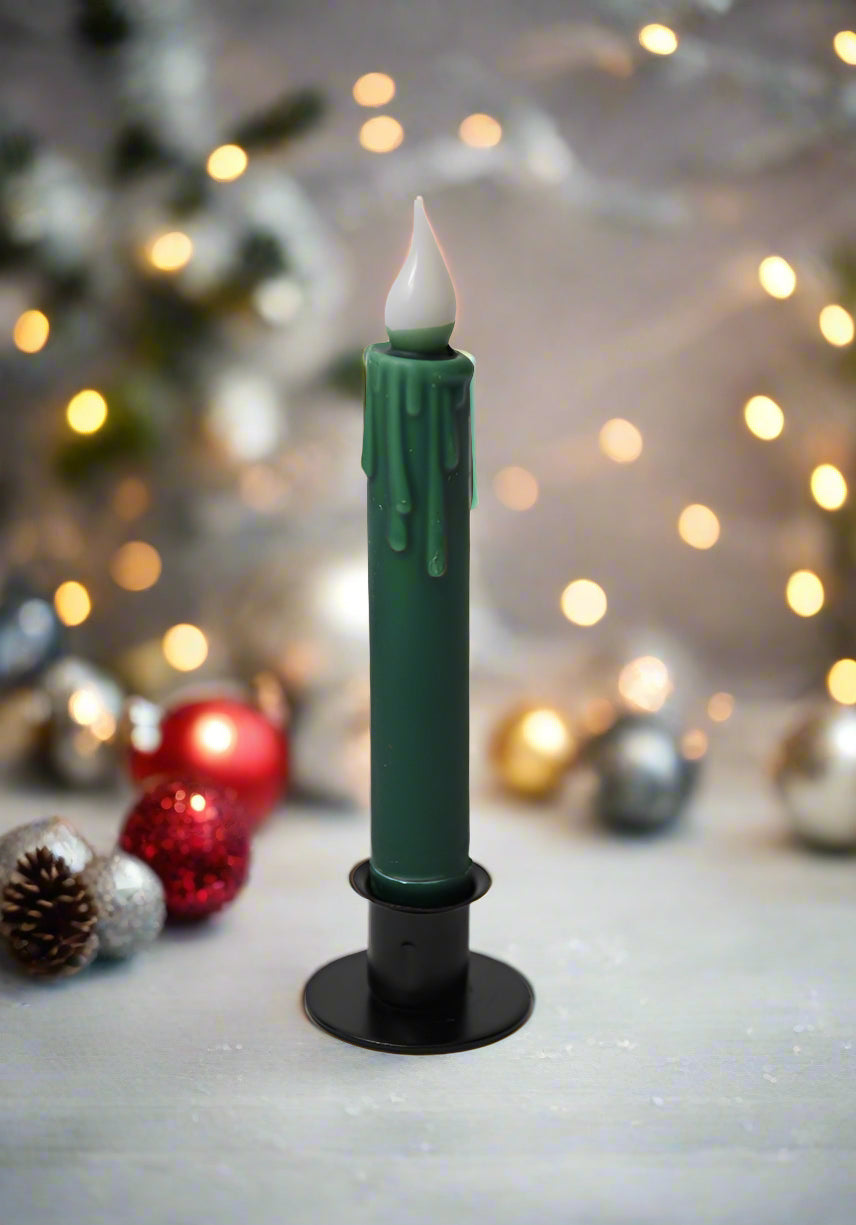 Primitive Handcrafted 7&quot; Pine Green LED Timer Taper Candle