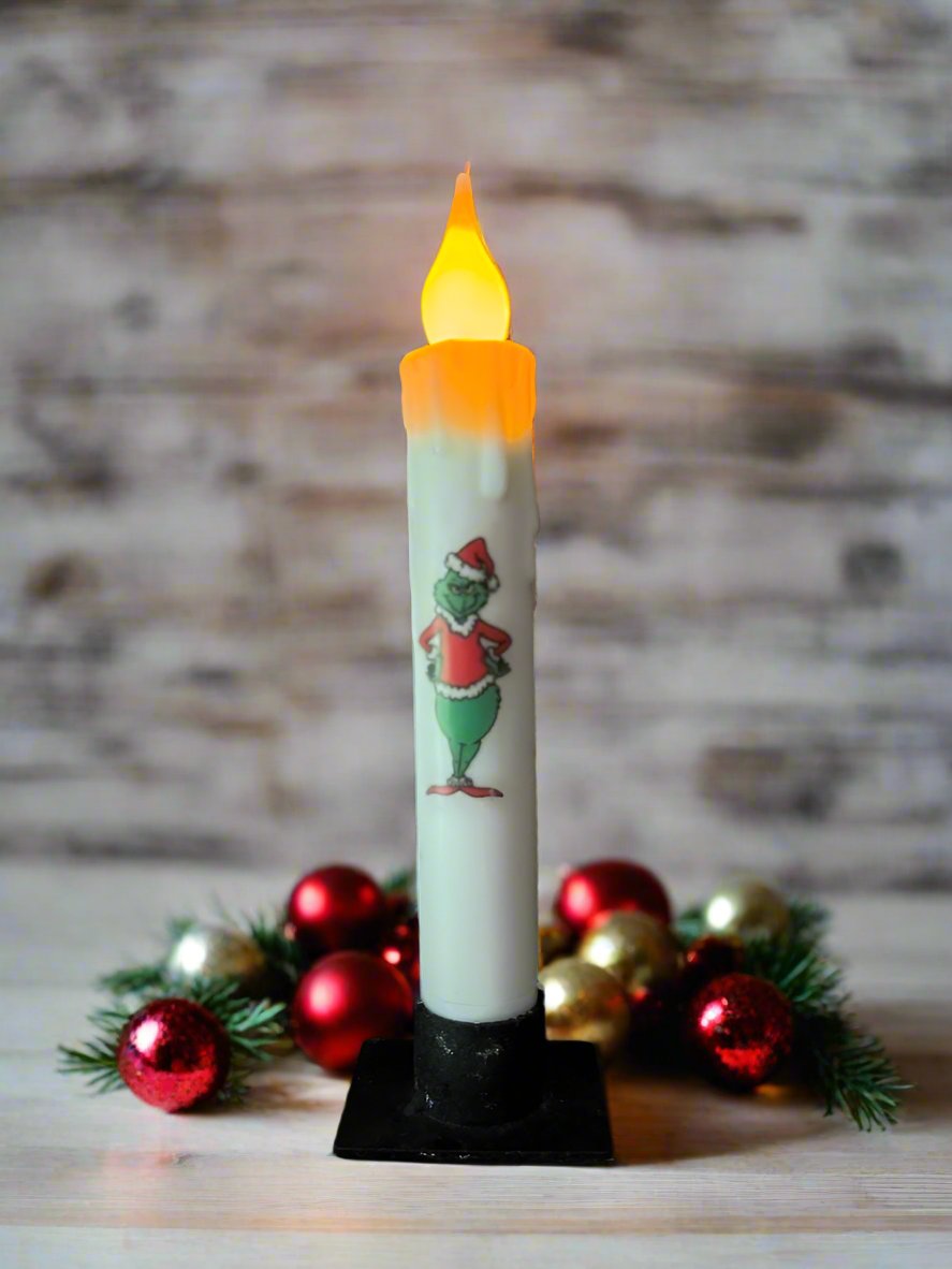 Primitive Handcrafted Christmas 7&quot; Grinch Led Timer Taper Candle