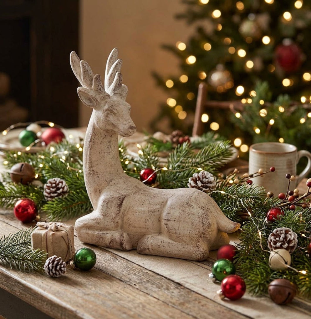 Primitive Christmas White Distressed Resin Side-Look Reindeer - 4.5"