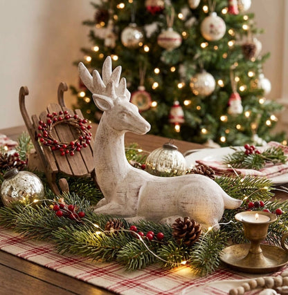 Primitive Christmas White Distressed Resin Side-Look Reindeer - 4.5"