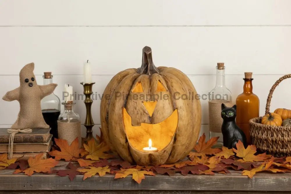 Halloween Fall Ragon House Collectable 15” Beige Big Mouth Pumpkin Luminary - The Primitive Pineapple Collection
