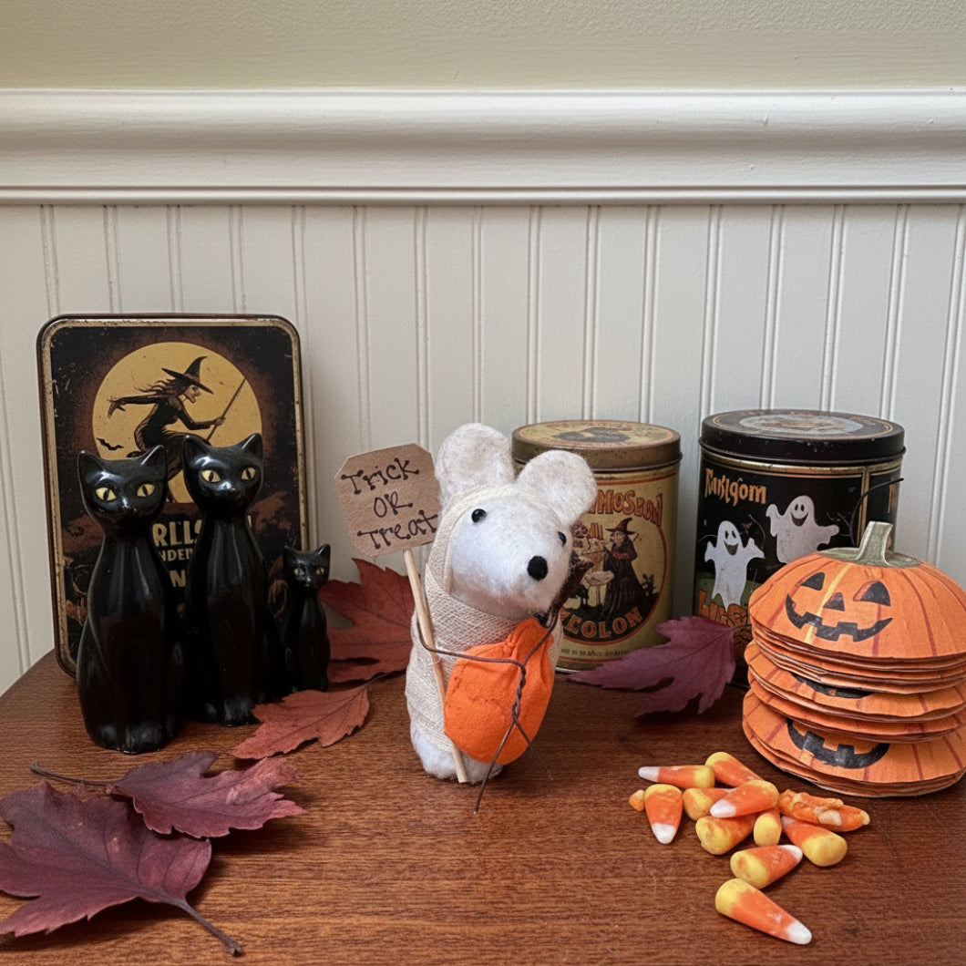 Primitive Handcrafted USA Halloween Trick or Treat Mummy Mouse w/ Pumpkin