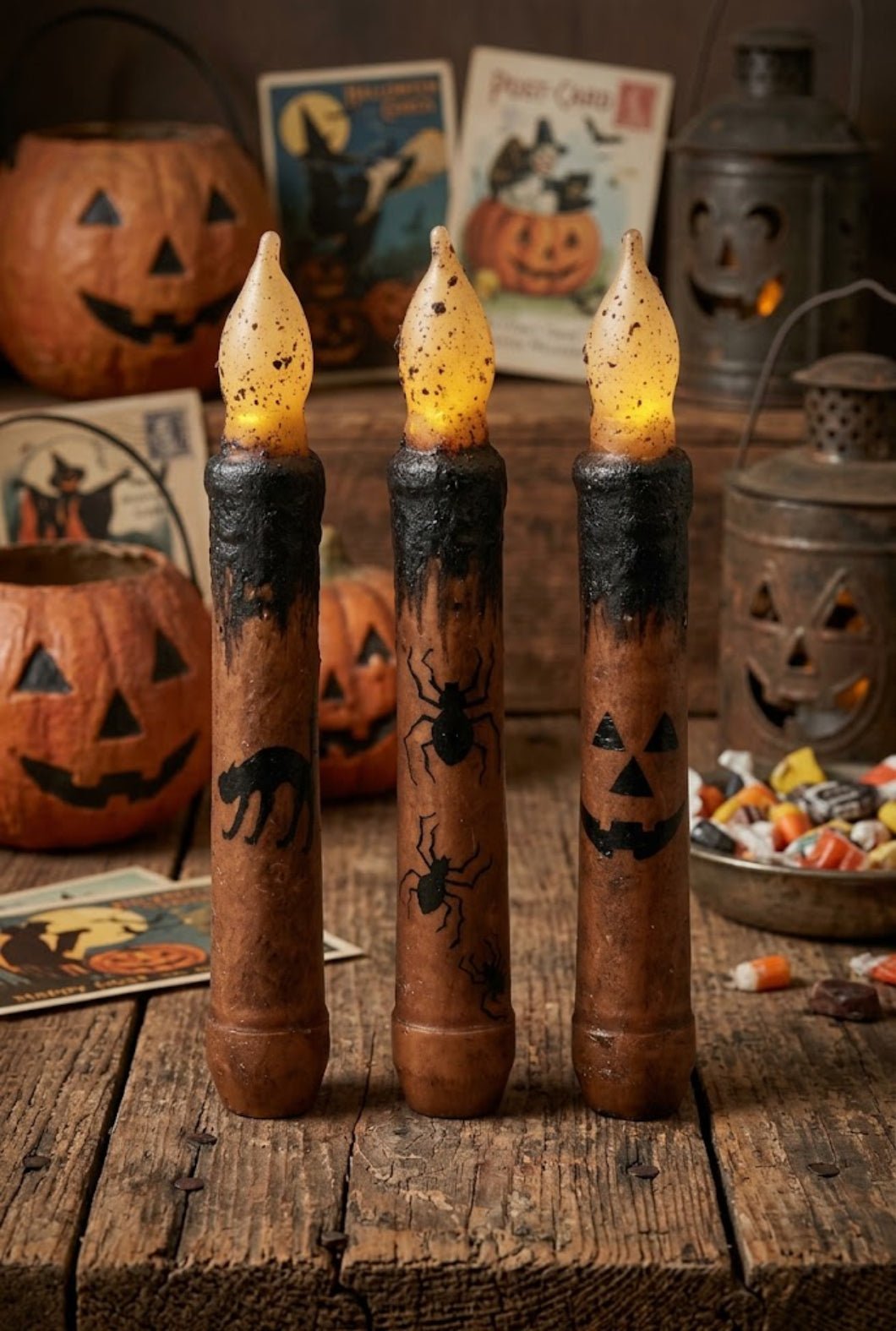 Halloween Timer Taper Candle 6.5" – Black Cat, Spider &amp; Jack O Lantern - The Primitive Pineapple Collection