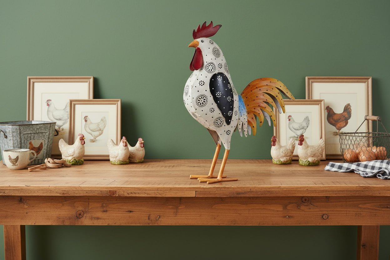 Primitive Farmhouse Recycled Metal 16.5" Hand Painted Iron Rooster Figurine - The Primitive Pineapple Collection