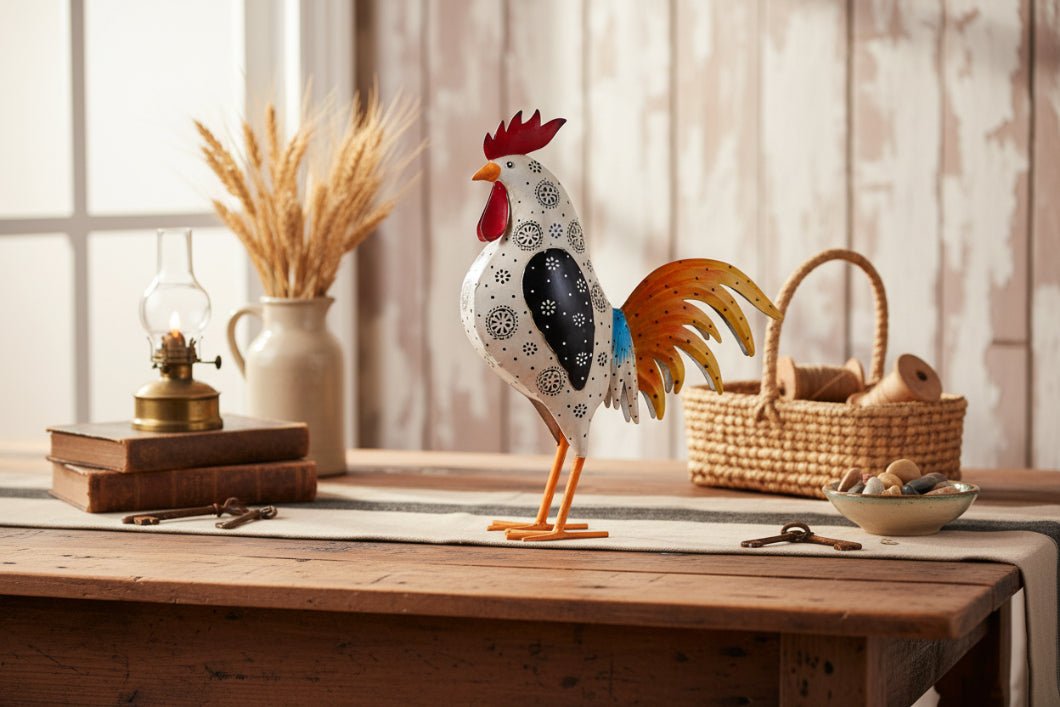 Primitive Farmhouse Recycled Metal 16.5" Hand Painted Iron Rooster Figurine - The Primitive Pineapple Collection