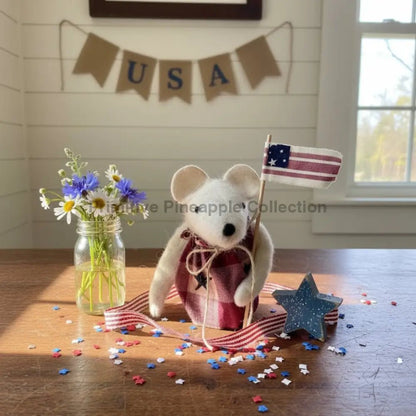 Handcrafted Americana Patriotic Mouse with Flag - The Primitive Pineapple Collection
