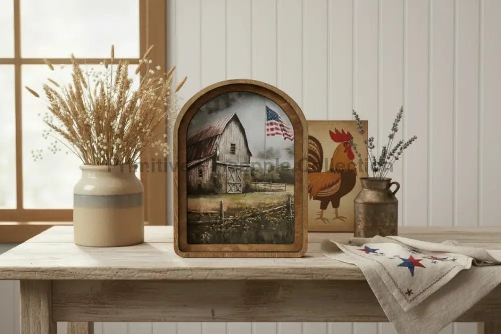 Handcrafted Retro 8" Canvas on Wood Arch Top Patriotic Homestead Framed Art - The Primitive Pineapple Collection