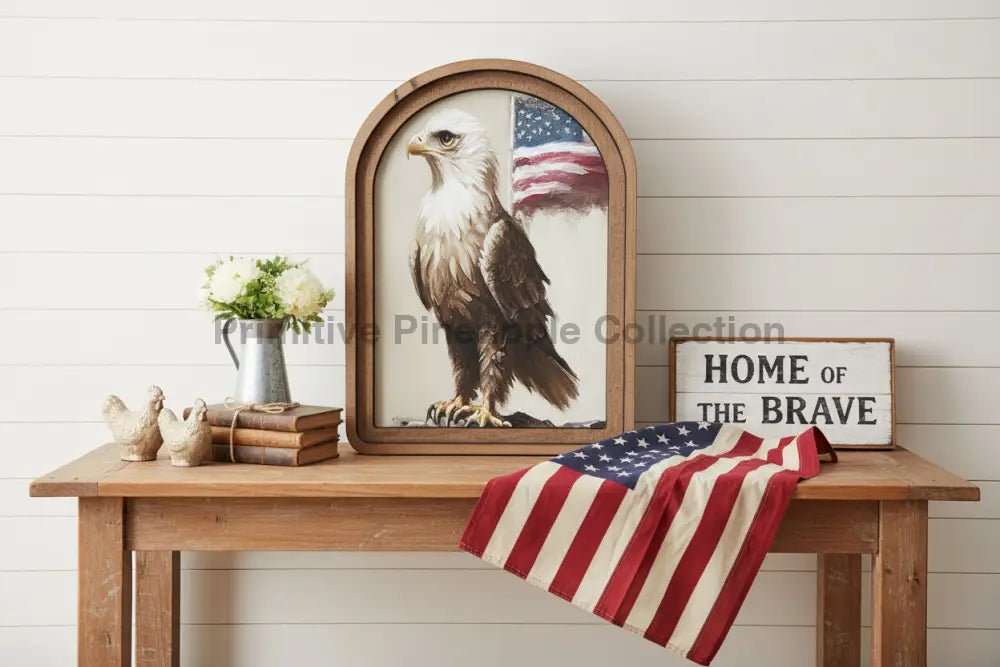 Handcrafted Retro 8" Canvas on Wood Patriotic Eagle with Flag Framed Art - The Primitive Pineapple Collection