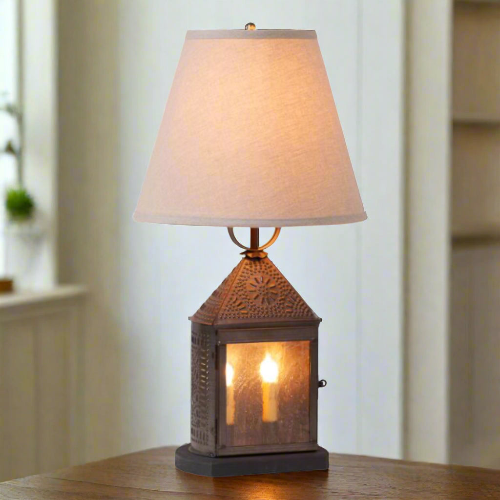 Primitive Colonial Harbor Lamp with Linen Empire Shade in Kettle Black