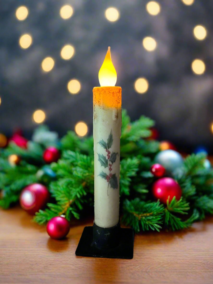 Primitive Handcrafted Christmas 7&quot; Holly Sprig Led Timer Taper Candle