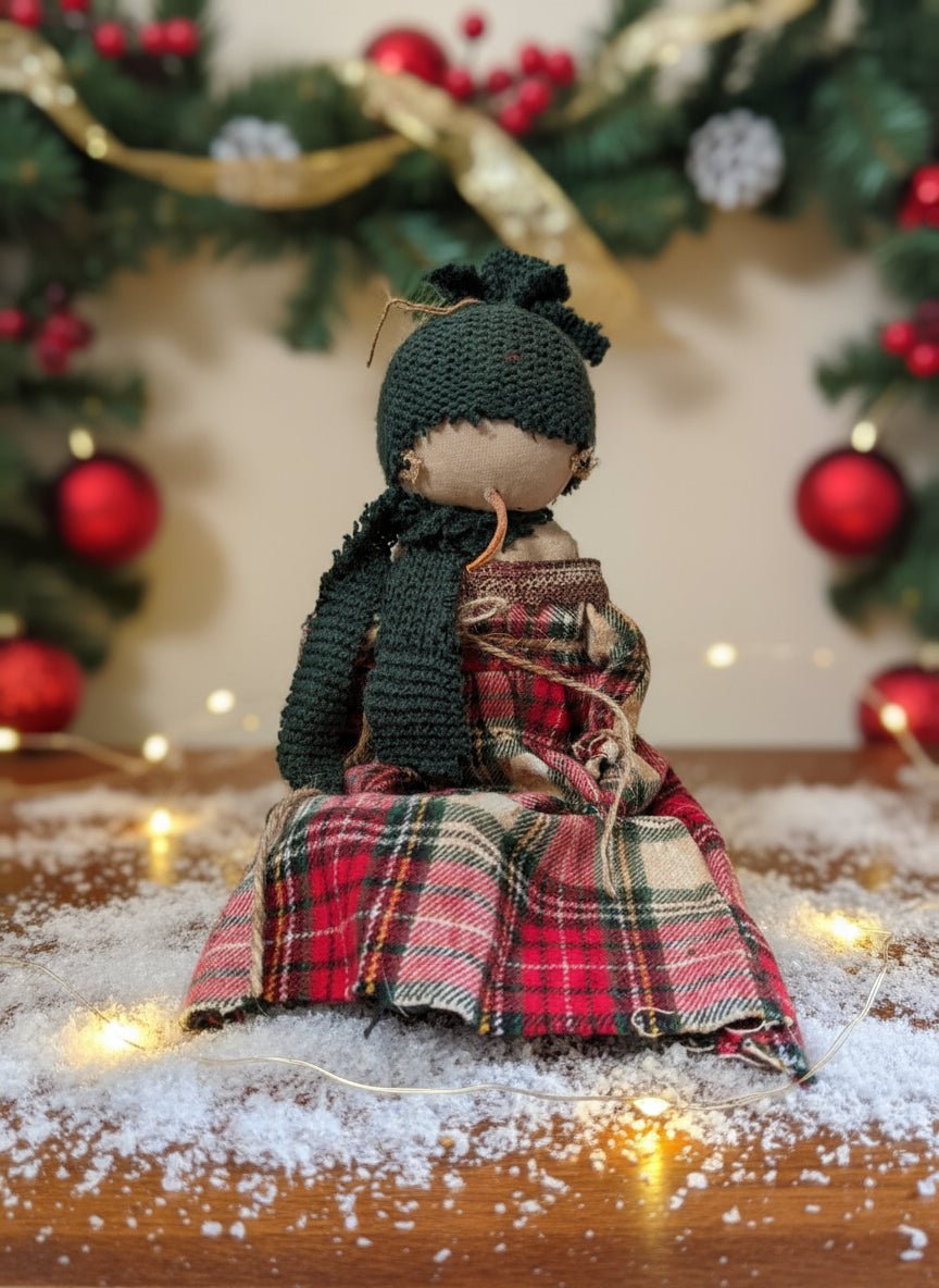Primitive Christmas Handcrafted Holly Snow Girl Doll w/ Hat 12&quot; - The Primitive Pineapple Collection
