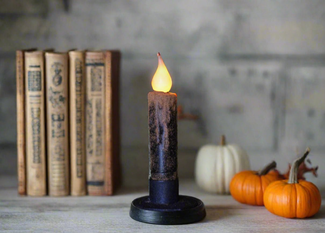 Primitive Halloween 4&quot; Battery Operated Black Taper Candle W/Timer - The Primitive Pineapple Collection