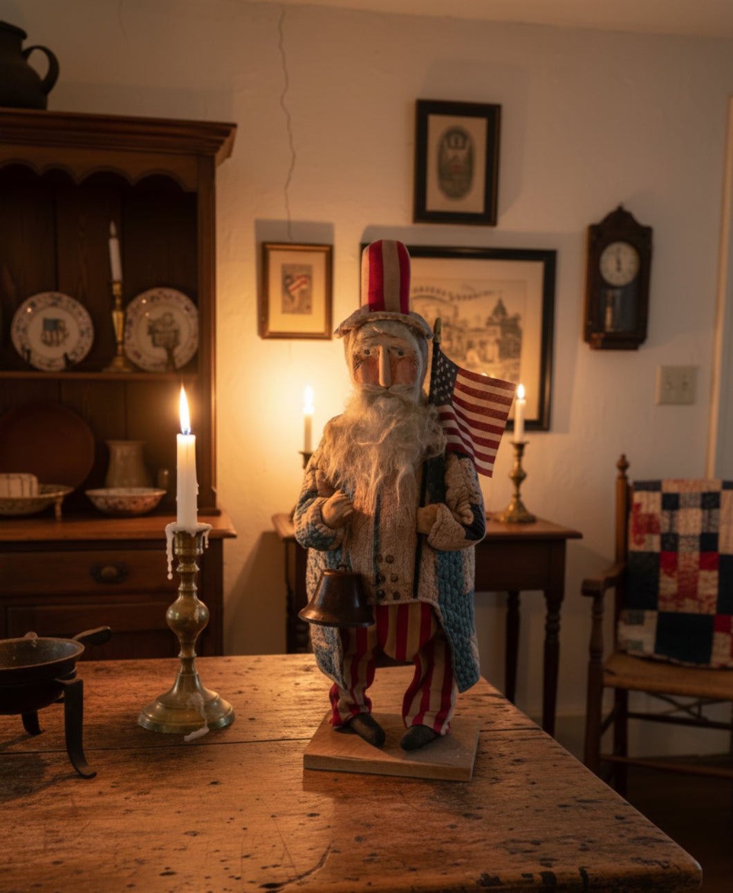Handcrafted by Michelle Early American Quilted Chubby Uncle Sam Clay Face Doll Stand 22" - The Primitive Pineapple Collection