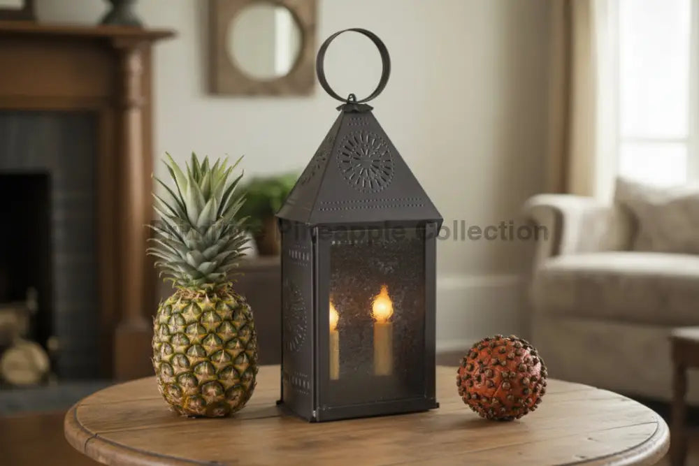 Irvins Country Tinware Hospitality Lantern with Chisel in Kettle Black - The Primitive Pineapple Collection