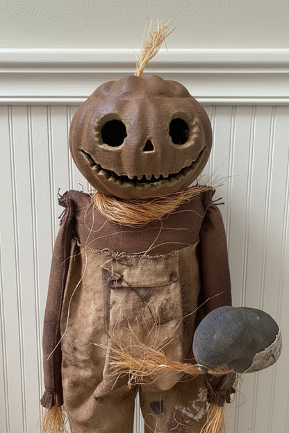 Primitive Handcrafted Halloween Jack-O Lantern Doll on Stand 18" | Folk Art