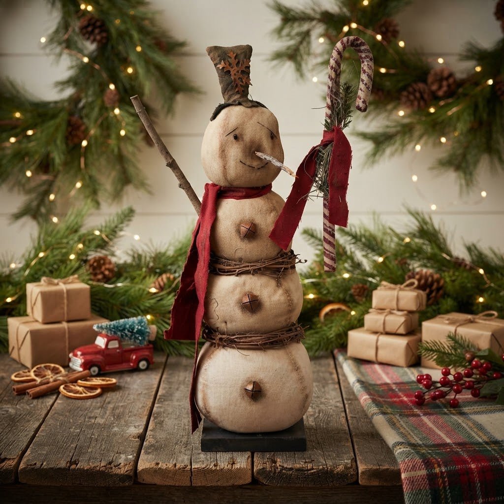James Stacked Snowman with Candy Cane | 22" Handmade Folk Art - The Primitive Pineapple Collection
