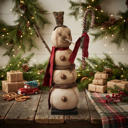 James Stacked Snowman with Candy Cane | 22" Handmade Folk Art - The Primitive Pineapple Collection