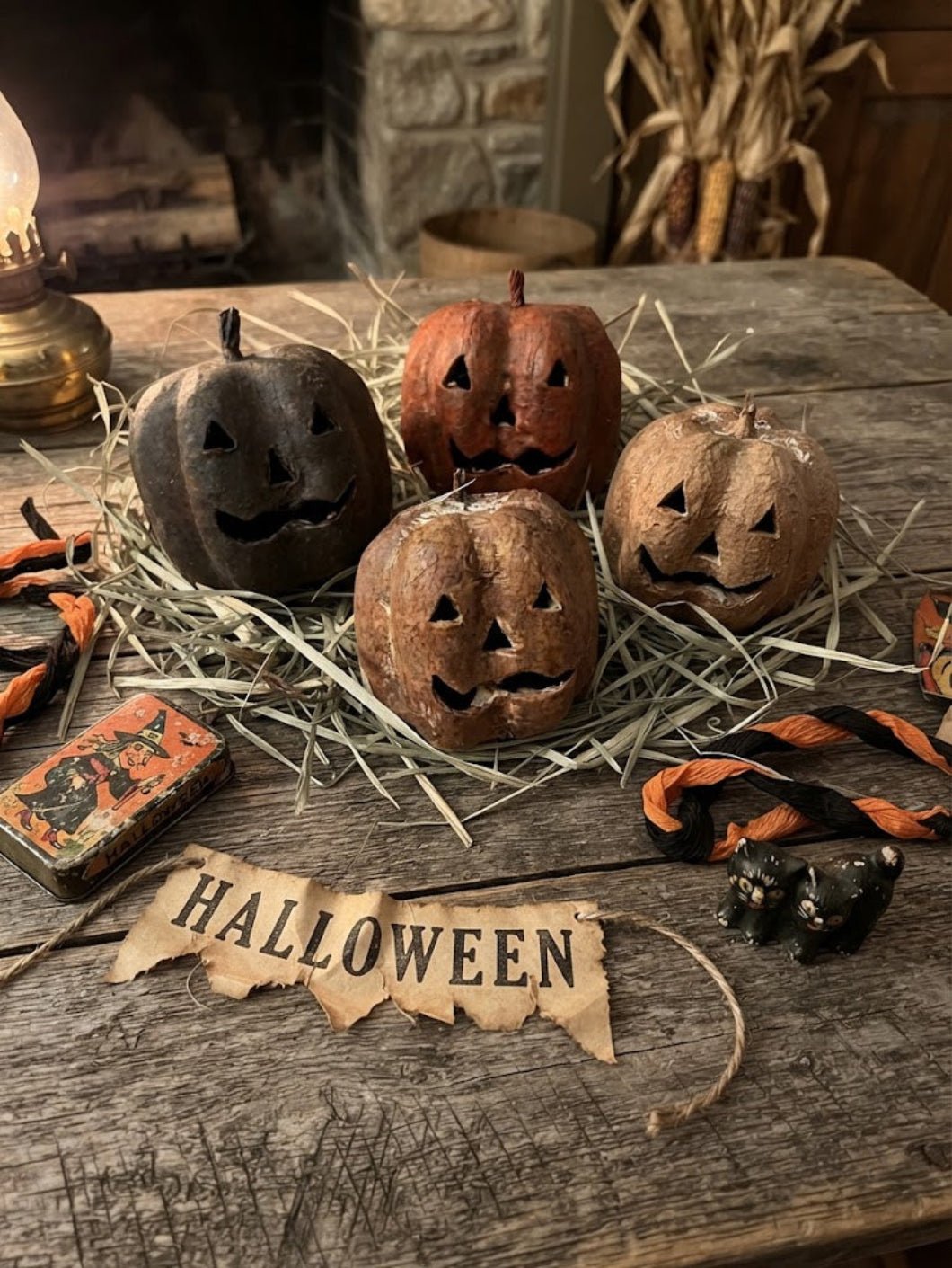 Primitive Farmhouse 3pc Jack O Lantern Bowl Fillers w/ Prim Grass USA - The Primitive Pineapple Collection