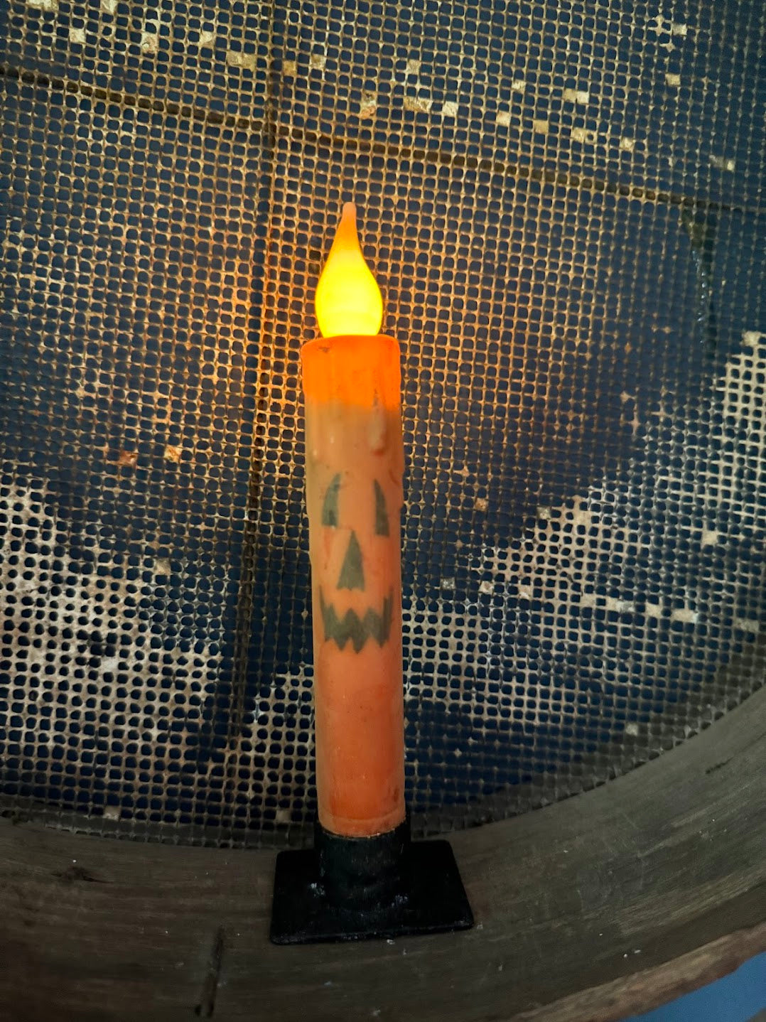 Primitive Handcrafted 7&quot; Orange Jack O Lantern Battery Led Timer Taper Candle