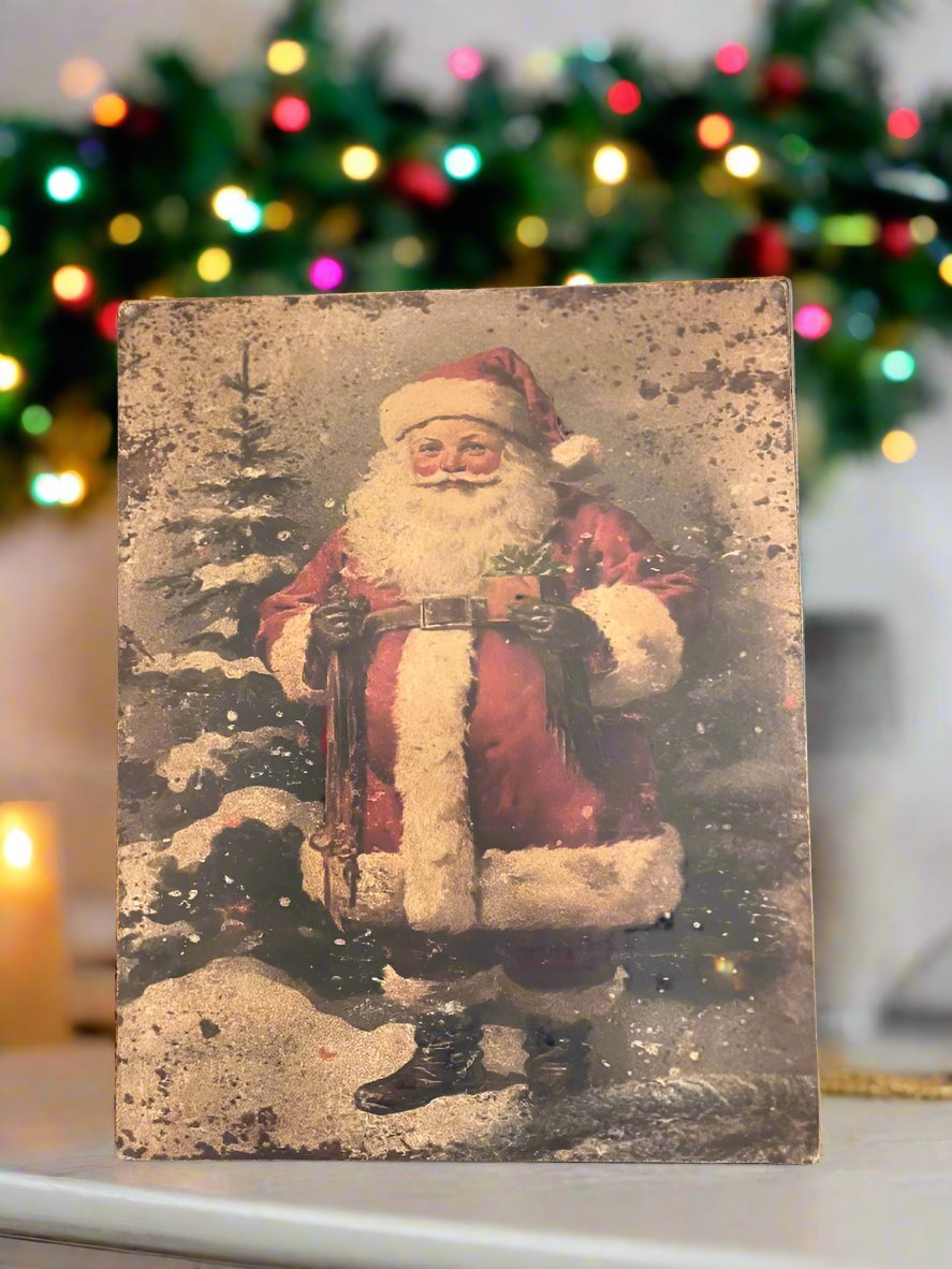 Christmas Handcrafted 10”x 8” Jolly Santa with Tree Canvas Plaque - The Primitive Pineapple Collection