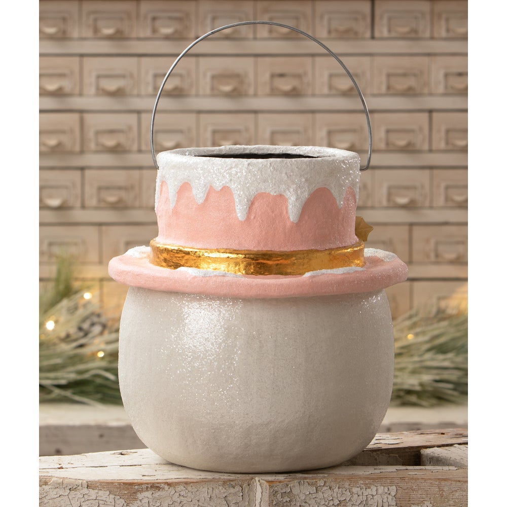 Bethany Lowe Christmas Large Pastel Holly Hat Snowman Bucket KA4114 - The Primitive Pineapple Collection