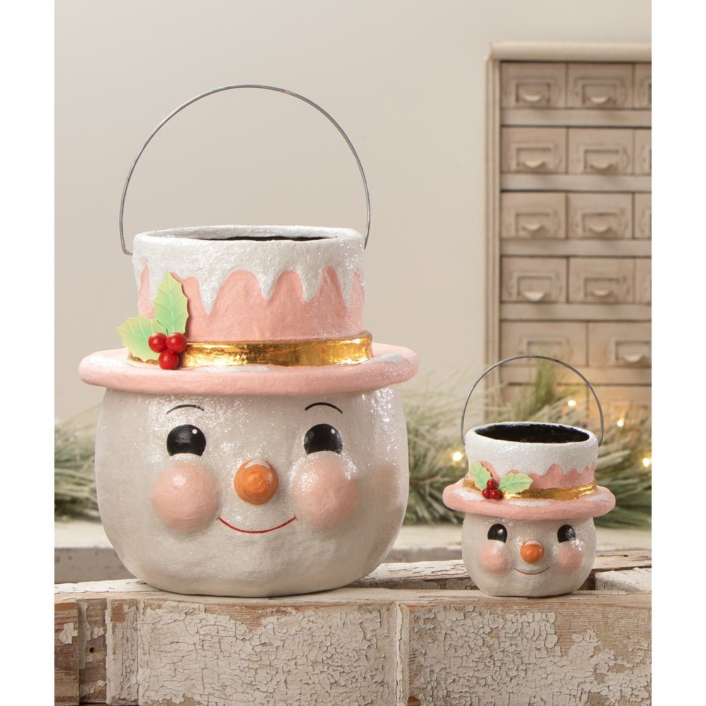 Bethany Lowe Christmas Large Pastel Holly Hat Snowman Bucket KA4114 - The Primitive Pineapple Collection