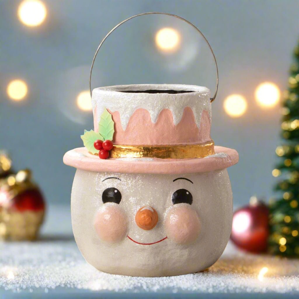 Bethany Lowe Christmas Large Pastel Holly Hat Snowman Bucket KA4114 - The Primitive Pineapple Collection