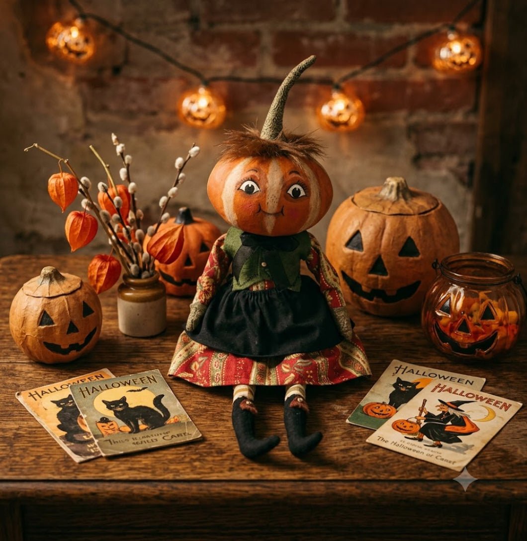 Halloween Fall Folk Art Joe Spencer Kimberly Pumpkin Head Doll 16" - The Primitive Pineapple Collection