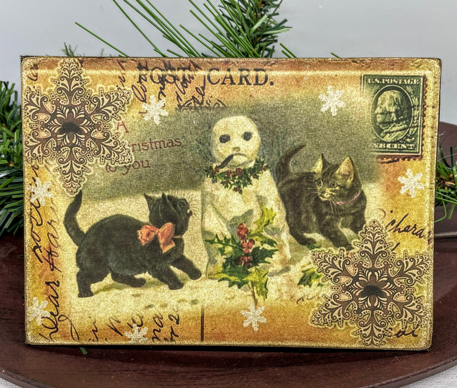 Christmas Handmade Vintage Postcard 5”x7 Canvas Plaque Snowman w/Kittens