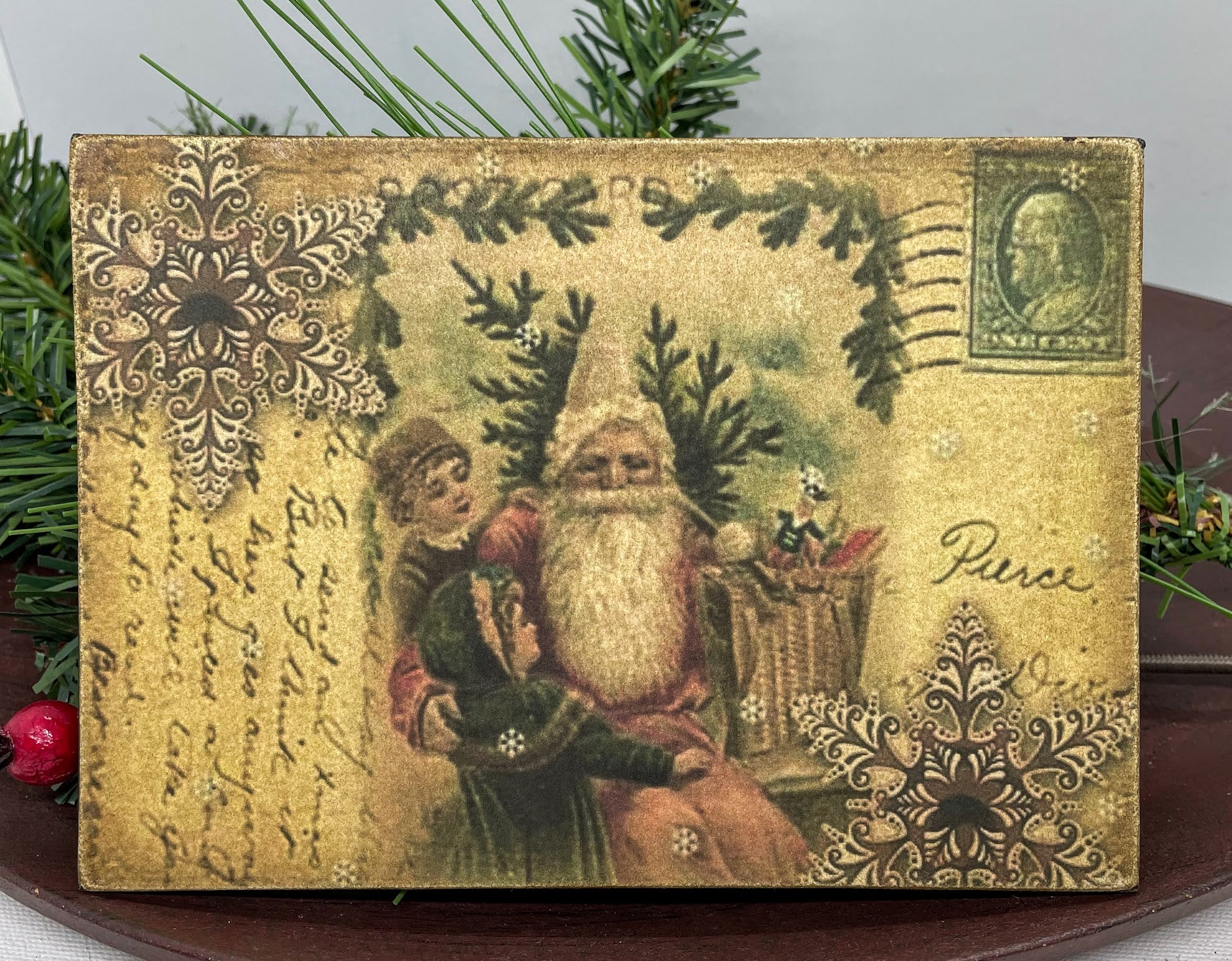 Christmas Handmade Vintage Postcard 5”x7 Canvas Plaque Kids with Santa