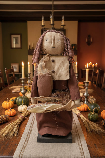 Primitive Handcrafted Thanksgiving Pilgrim Woman w/ Corn Doll on Stand 19" | Folk Art