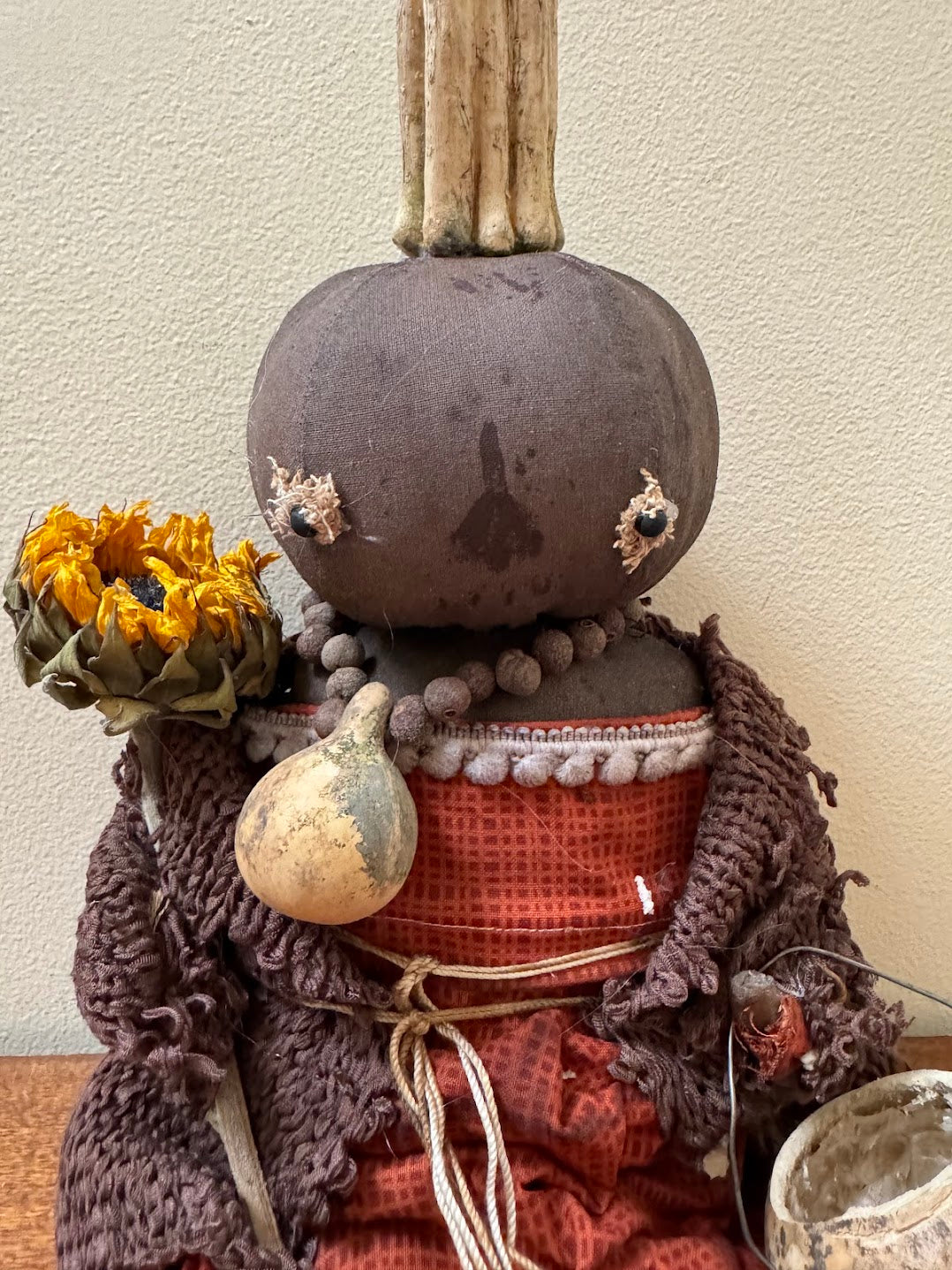 Primitive Handcrafted Pumpkin Doll Paula w/ Gourd and Sunflower 12&quot;