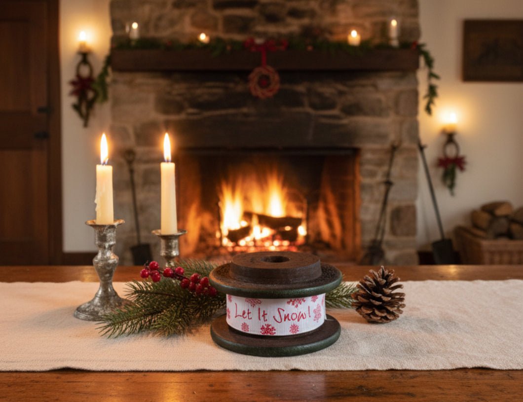 Primitive Christmas Wood Spool w/ Christmas Ribbon - The Primitive Pineapple Collection