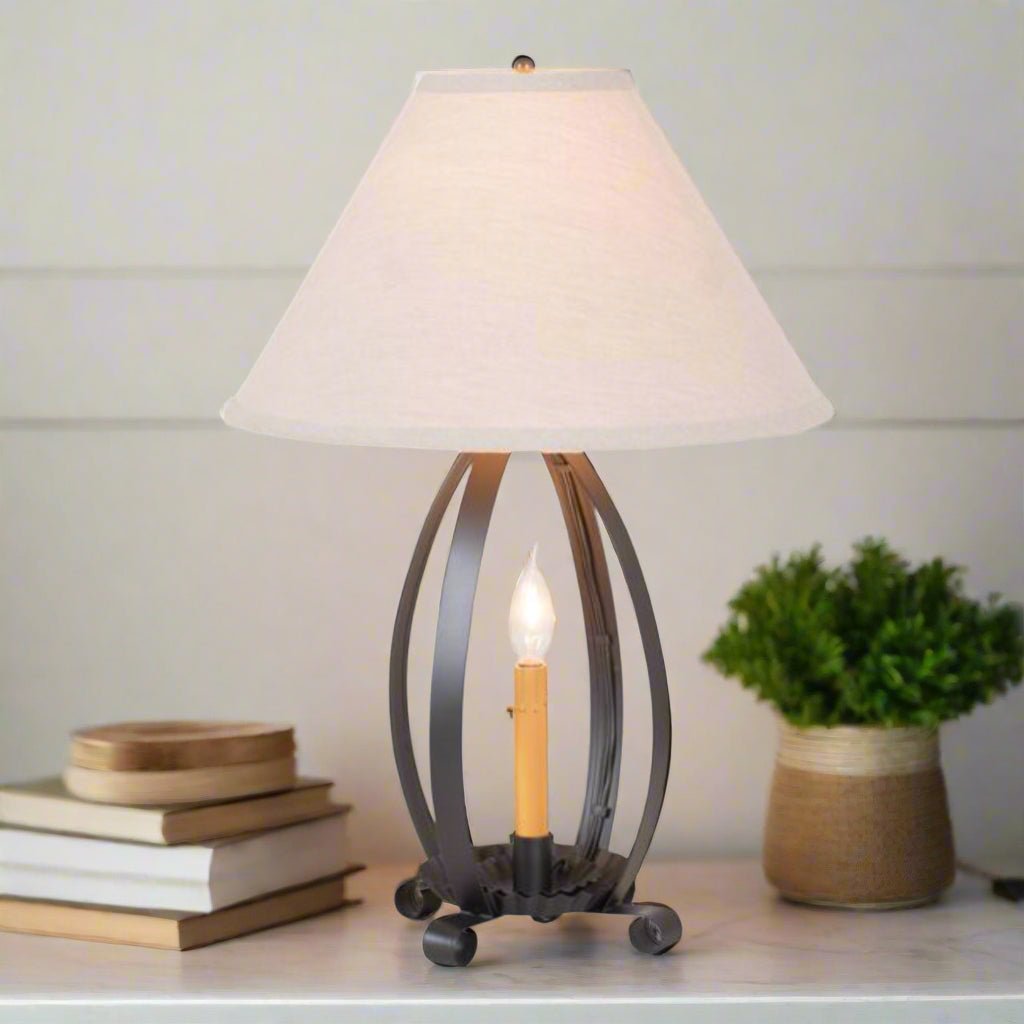 Primitive Colonial Lizzie Ross Lamp in Smokey Black with Linen Tapered Shade - The Primitive Pineapple Collection