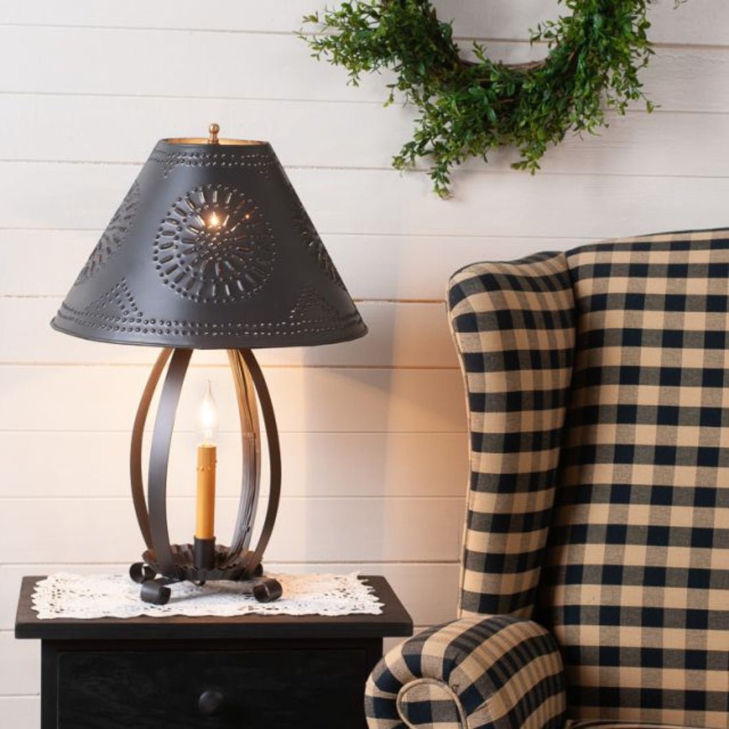 Primitive Colonial Lizzie Ross Lamp in Smokey Black with Metal Tapered Shade - The Primitive Pineapple Collection