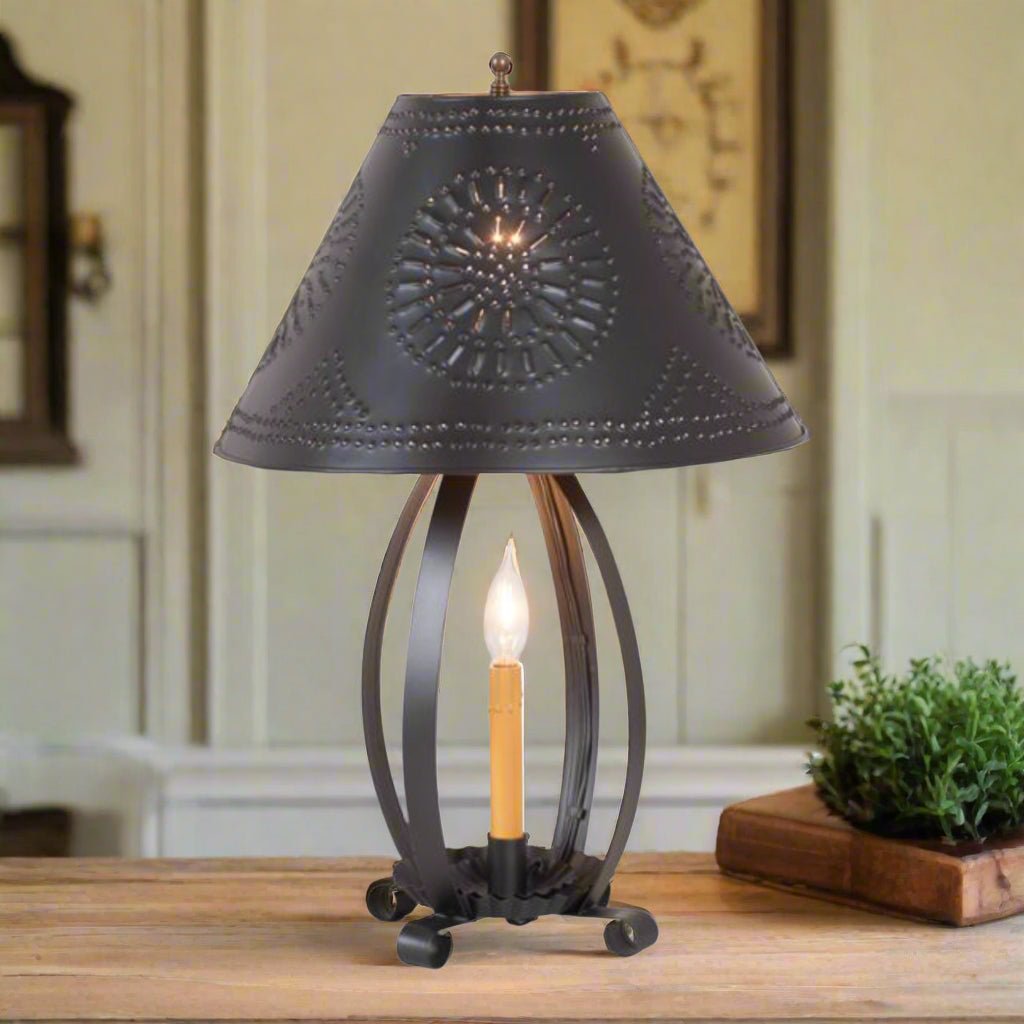 Primitive Colonial Lizzie Ross Lamp in Smokey Black with Metal Tapered Shade - The Primitive Pineapple Collection