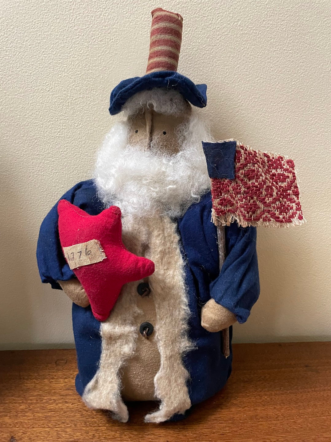 Primitive Handcrafted Patriotic Americana Uncle Sam Doll w/ Flag 14&quot;