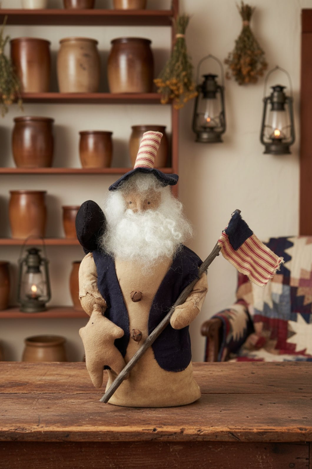 Primitive Handcrafted Patriotic Americana Uncle Sam Stump Doll w/ Flag and Crow - The Primitive Pineapple Collection