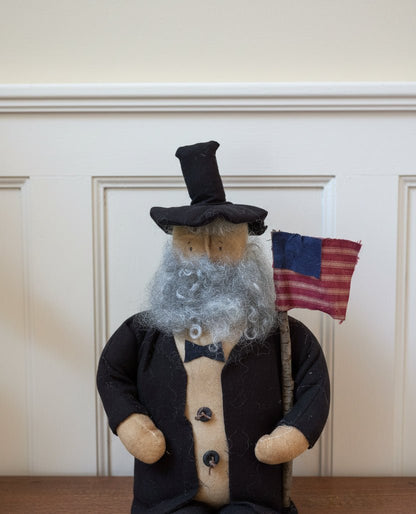 Primitive Handcrafted Patriotic Americana Abe Lincoln Stump Doll w/ Flag 12" - The Primitive Pineapple Collection