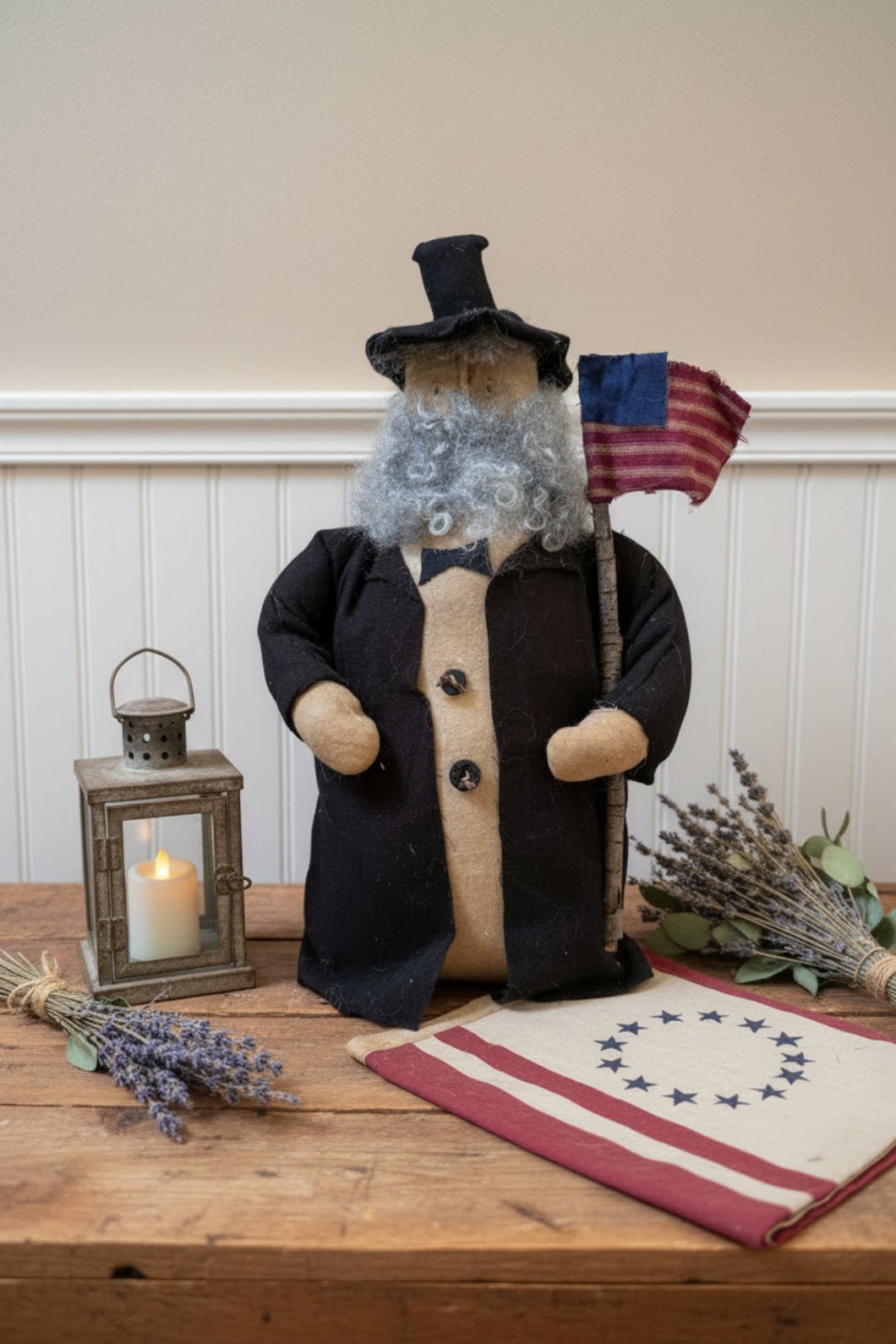 Primitive Handcrafted Patriotic Americana Abe Lincoln Stump Doll w/ Flag 12" - The Primitive Pineapple Collection
