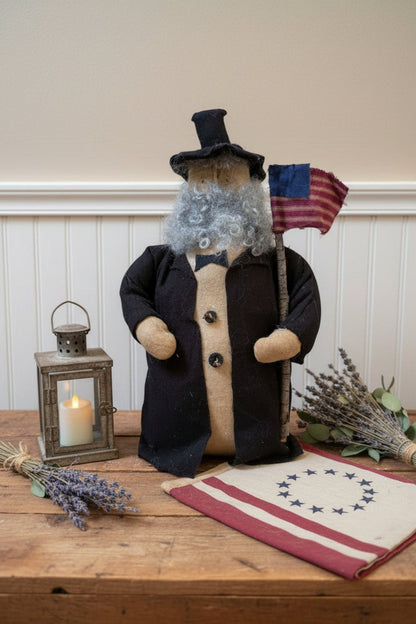 Primitive Handcrafted Patriotic Americana Abe Lincoln Stump Doll w/ Flag 12" - The Primitive Pineapple Collection