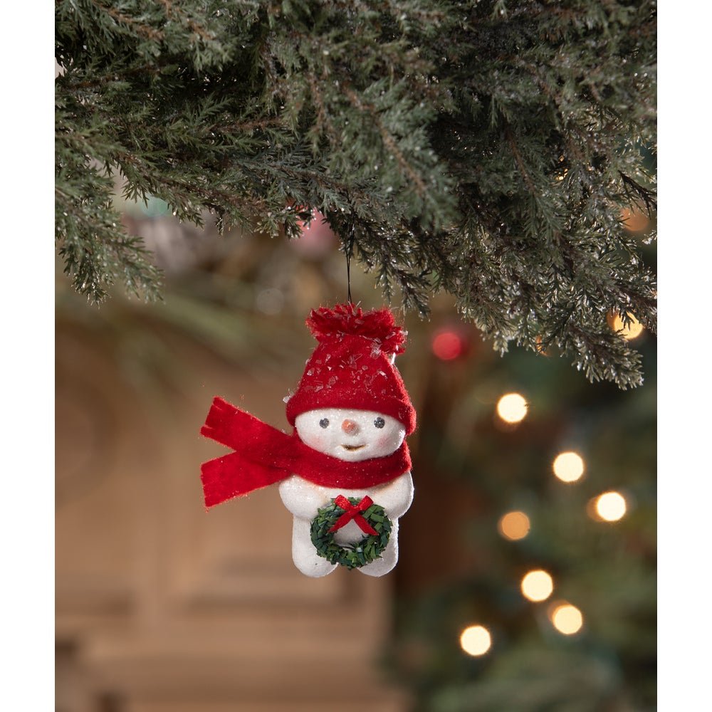 Bethany Lowe Christmas Snowman with Wreath Ornament MA4079 - The Primitive Pineapple Collection
