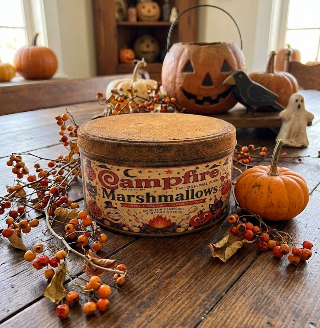 Primitive Handcrafted USA  7" Retro Halloween Campfire Marshmallows Tin