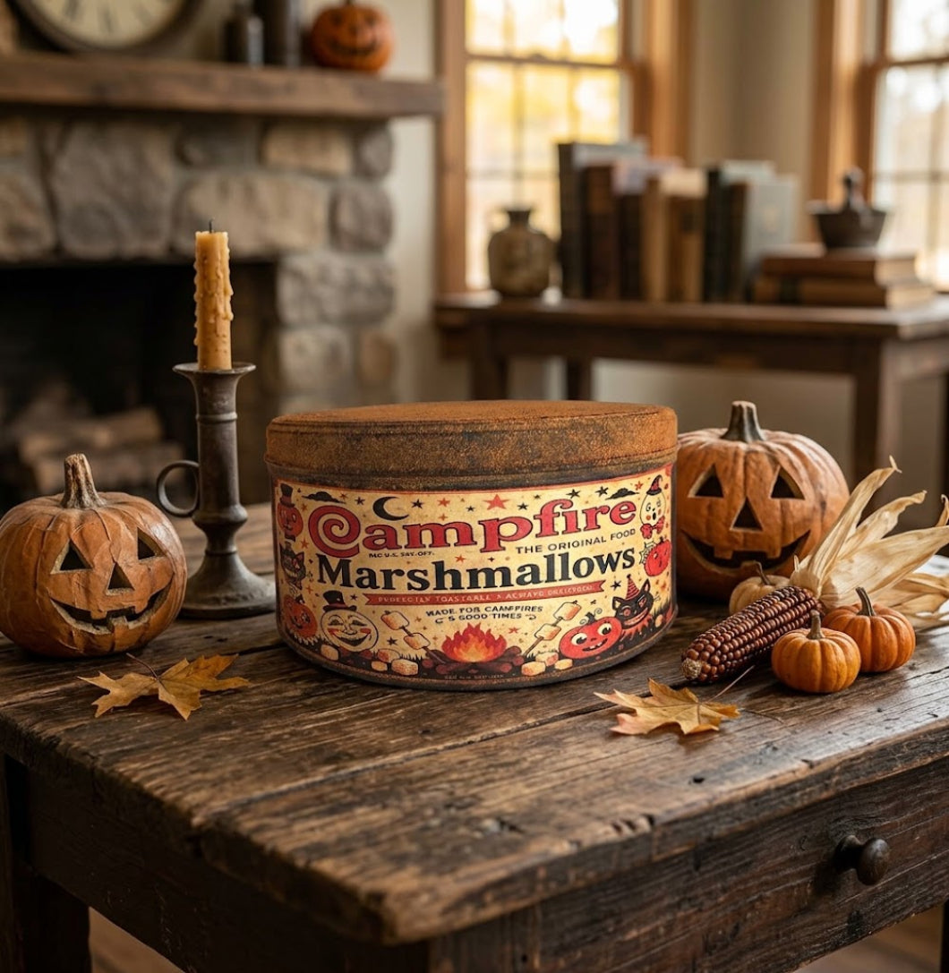 Primitive Handcrafted USA  7" Retro Halloween Campfire Marshmallows Tin