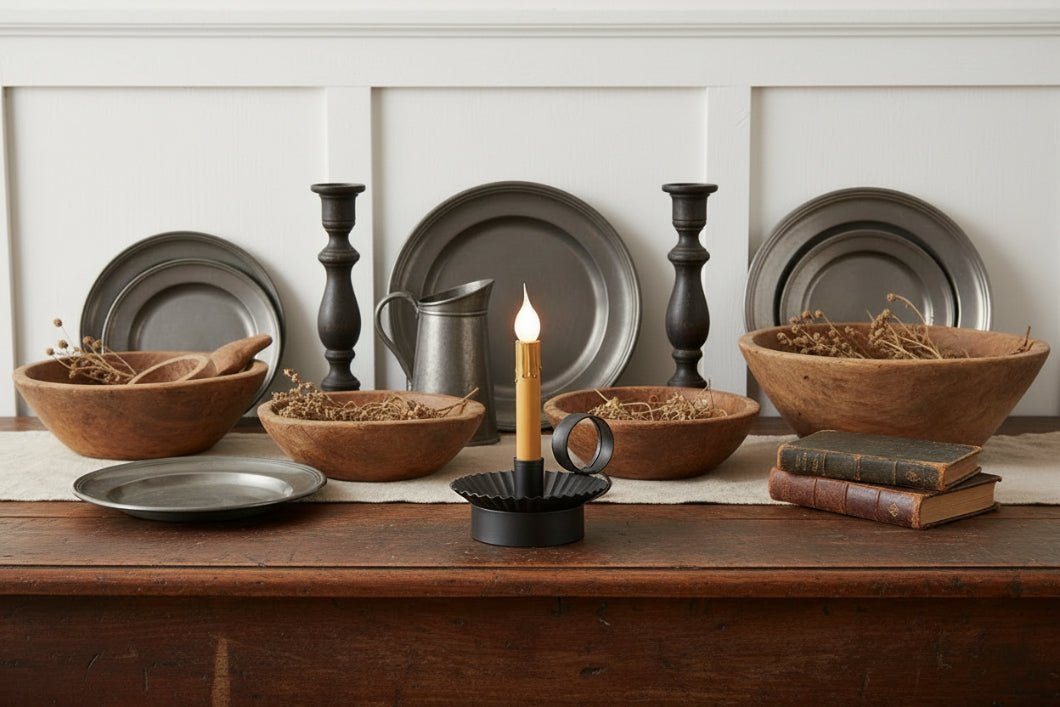 Primitive Colonial Electric Crimped Accent Light Tin Candlestick - The Primitive Pineapple Collection