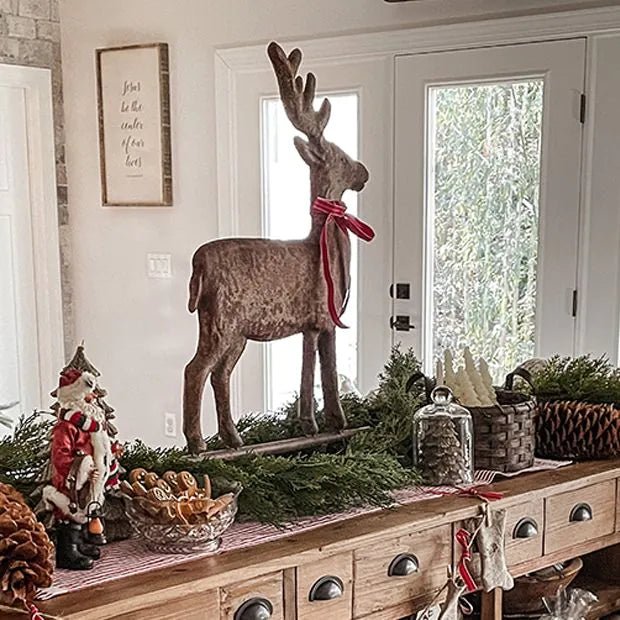 Ragon House 29.5-inch Primitive Distressed Metal Reindeer on Base - Vintage Christmas Deer - The Primitive Pineapple Collection