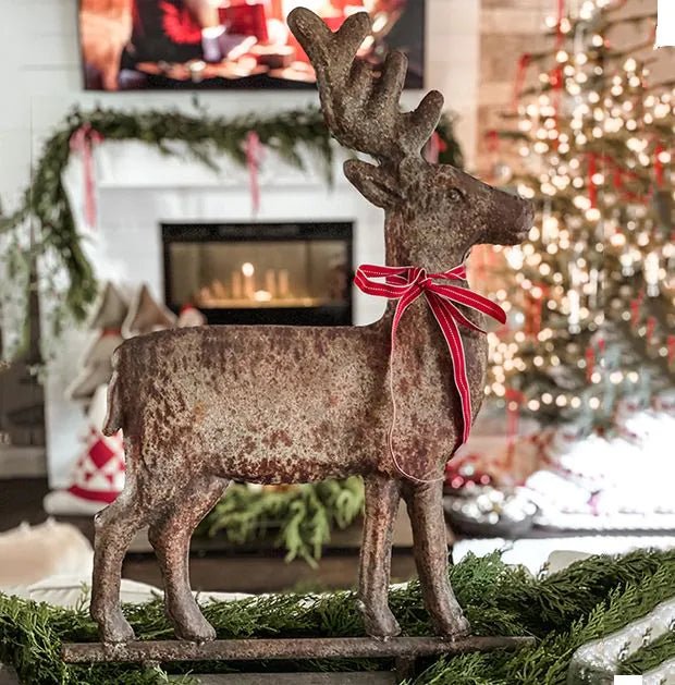 Ragon House 29.5-inch Primitive Distressed Metal Reindeer on Base - Vintage Christmas Deer - The Primitive Pineapple Collection