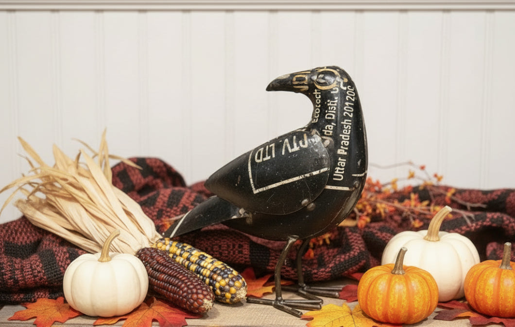 Primitive Halloween Fall Recycled Metal Rear Facing Black Crow 9.5"