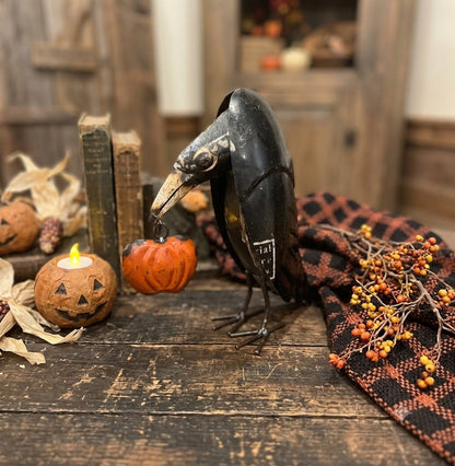 Recycled Metal Black Raven Crow with Pumpkin 11.5" | Primitive Halloween Decor - The Primitive Pineapple Collection