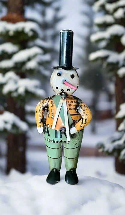 Primitive Christmas 11.75” Recycled Metal Mr Frost Snowman with Top Hat - The Primitive Pineapple Collection